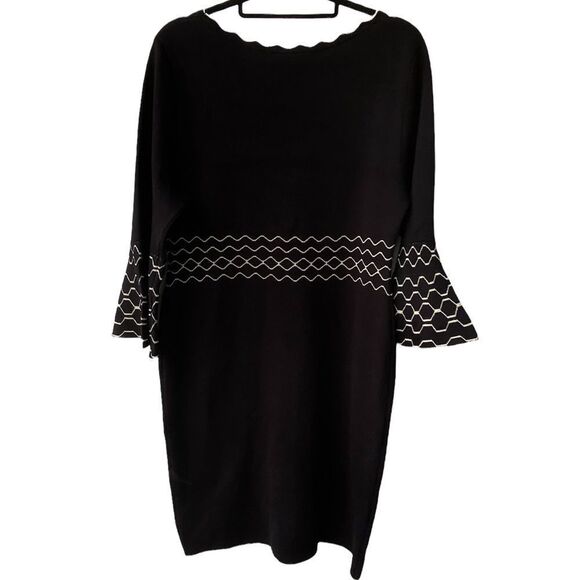 Nina Leonard Wm’s Sz XL Black Gold Thick Knit Scalloped Bell Sweater Dress - Picture 4 of 5